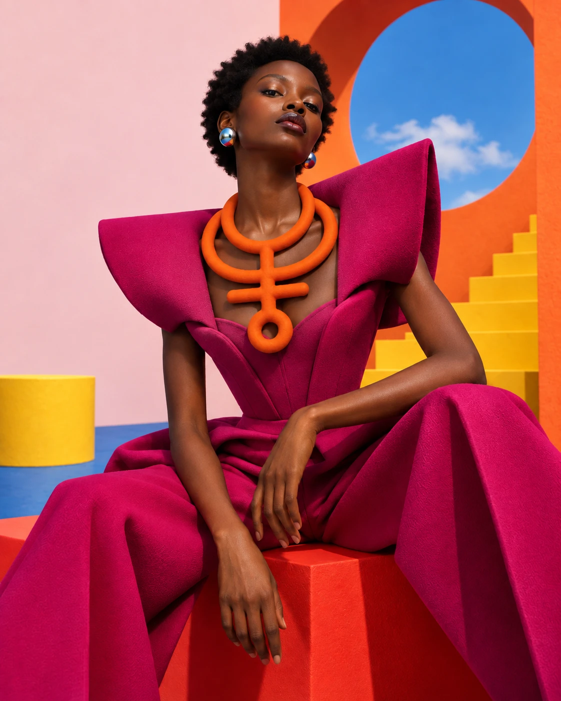 Afrigarde Wearable art on a model in a colourful set with geometric shapes