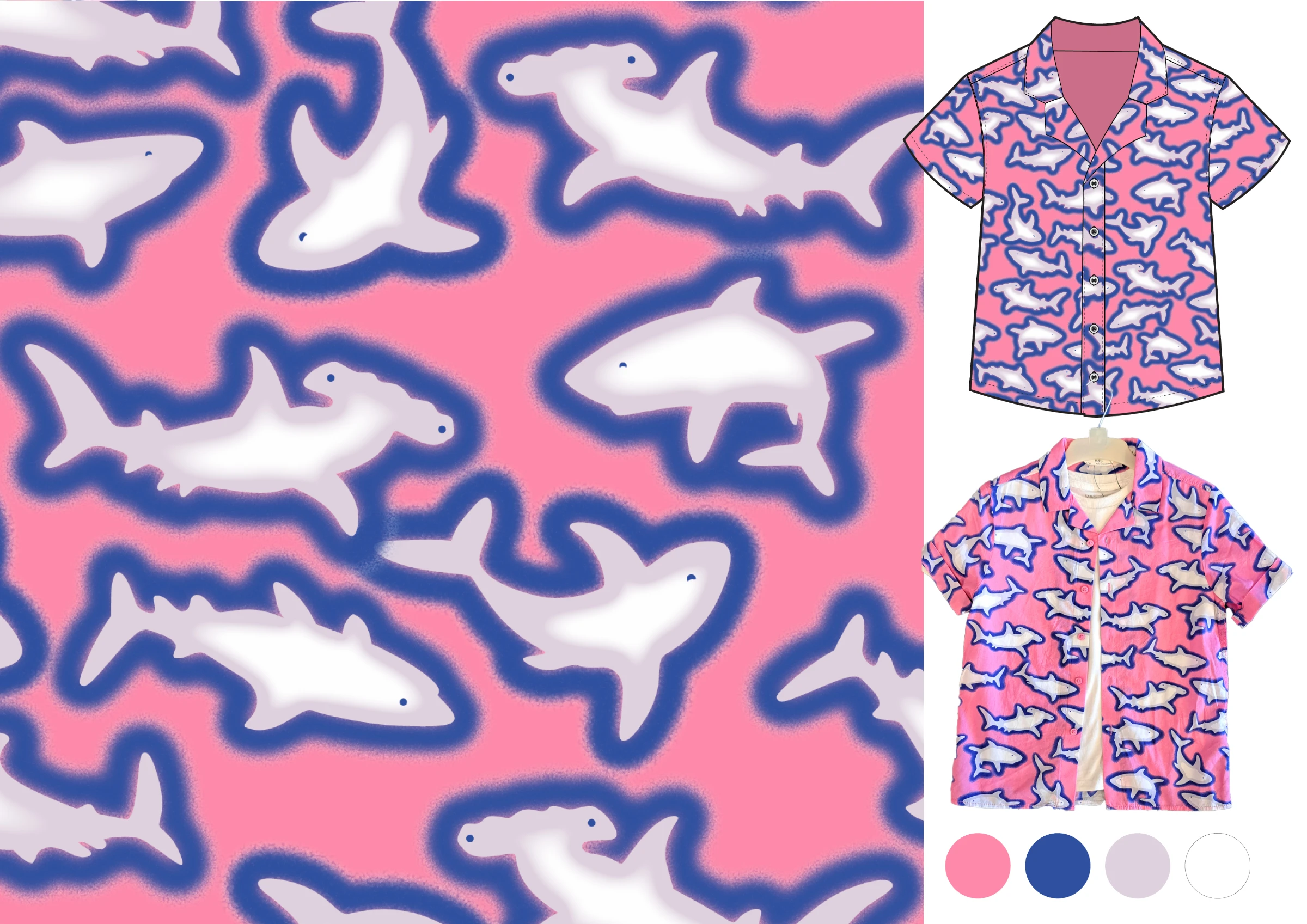 Repeat pattern of sharks with a blue outer glow on a pink background